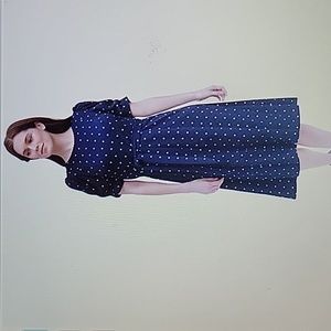 DKNY navy blue white polka dot fitted dress short sl ruched stretch belt 10 New